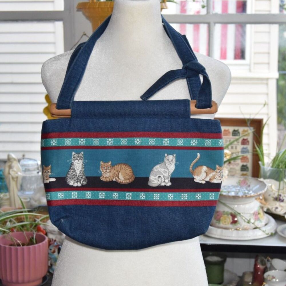 Vintage Handbags by Salli Denim Cat Print Wood Handle Tote Bag 18x12.5